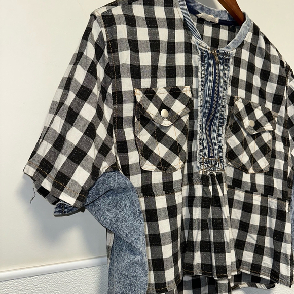 Women's Promesa Shirt, S, Black and White gingham cropped zipper denim pockets - Picture 5 of 8